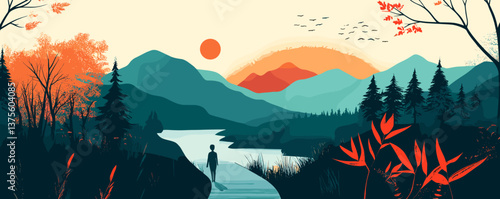 Serene autumn landscape with silhouette by lake at sunset, mountains and trees, vector.