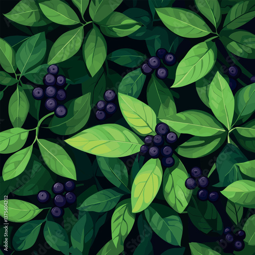 Vibrant green leaves with dark berries in natural pattern
