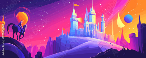 Futuristic castle landscape with horseman under starry sky, vibrant colors - vector.
