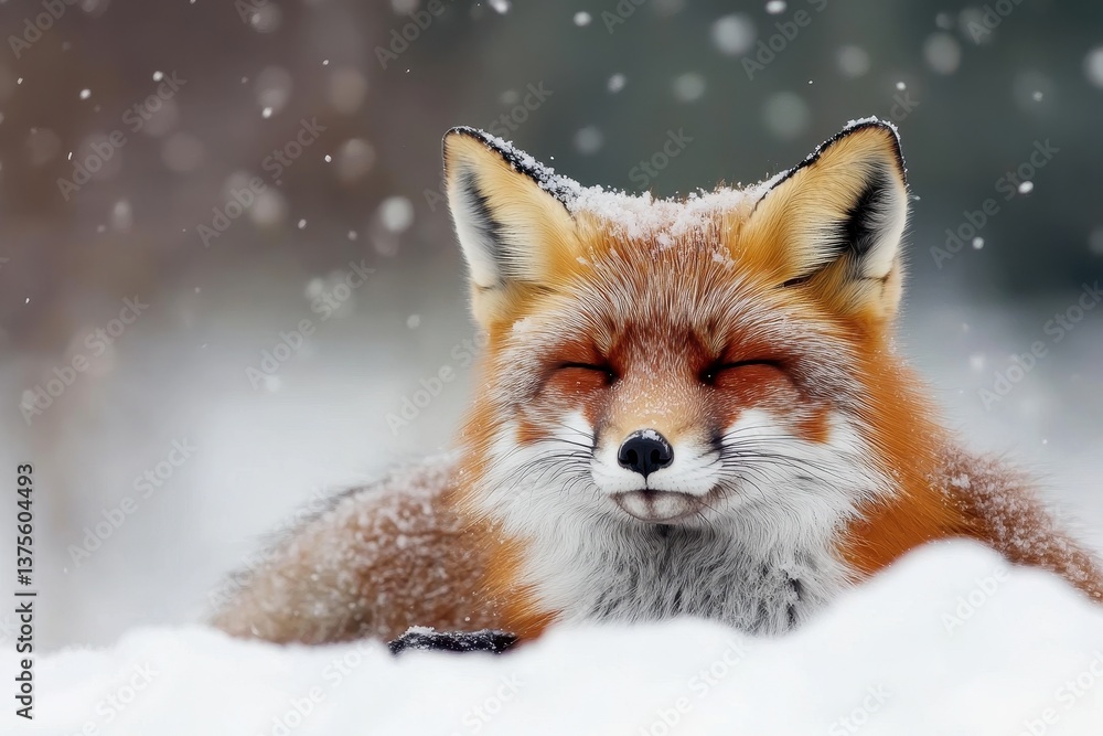Fototapeta premium Red fox rests in snowy landscape during winter, surrounded by falling snowflakes, Red fox Vulpes vulpes A fox is resting in the wild