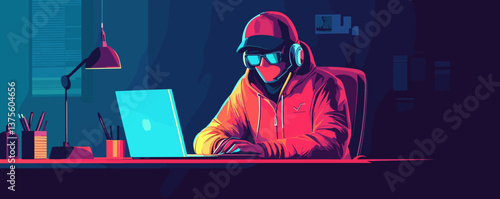 Hacker in hoodie working on laptop at desk in dark room, cybersecurity concept - vector.