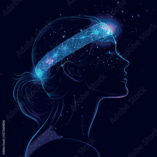 Neon silhouette of a young female with cosmic headband against starry night
