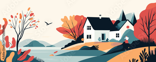 Cozy lakeside house surrounded by autumn foliage and mountains vector.