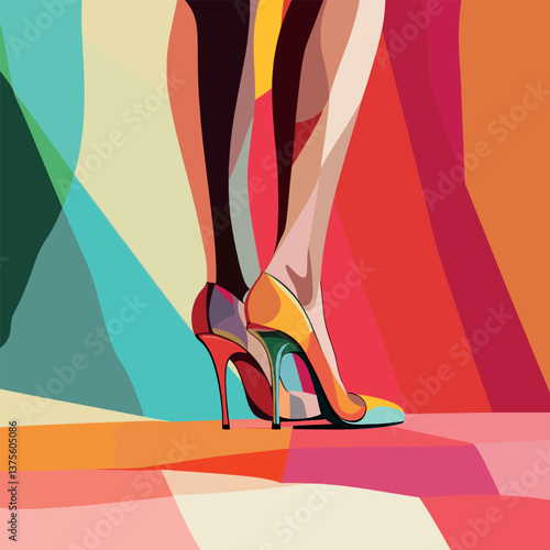 Colorful high heels on abstract geometric background