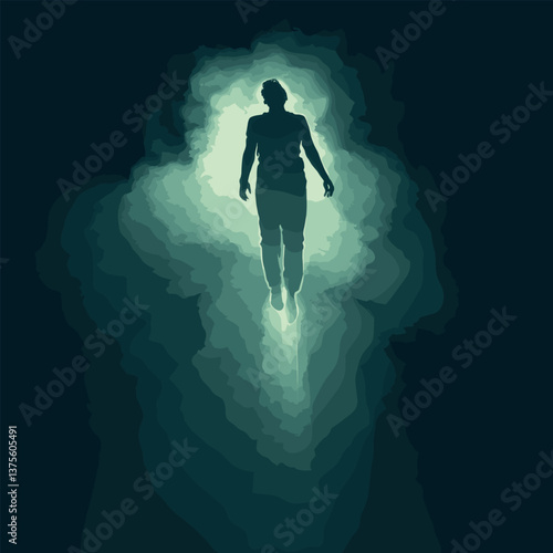 Mysterious silhouette of a young male ascending in glowing light