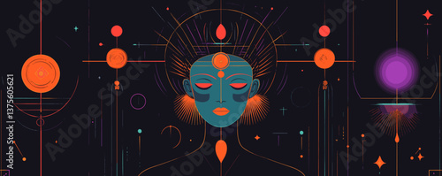 Abstract mystical portrait with geometric symbols and ethereal elements on dark background - vector.