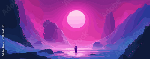 Surreal landscape with solitary figure under large moon in vibrant colors - vector.