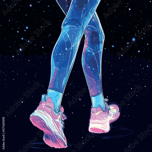 Neon cosmic athletic shoes and starry leggings in space-themed design