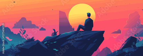 Solitary figure watching vibrant sunset over mountains and ocean horizon - vector.