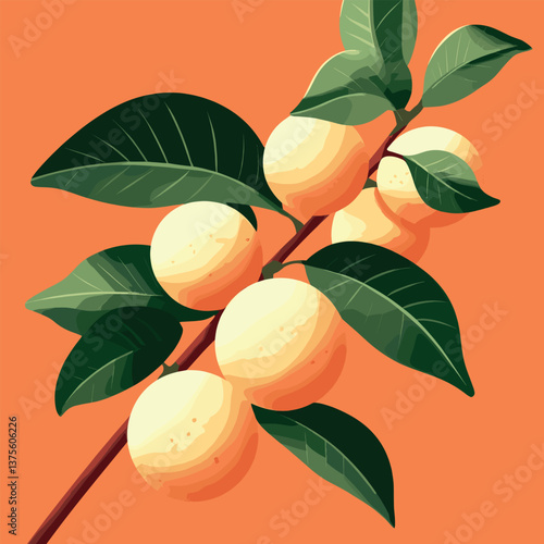 Branch with vibrant yellow fruits and green leaves on orange background