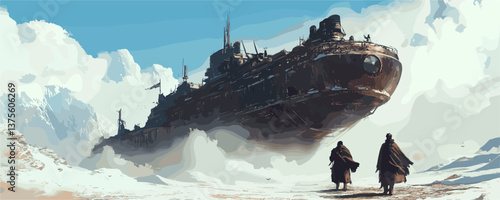 Futuristic flying ship in snowy mountain landscape with two travelers approaching - vector.