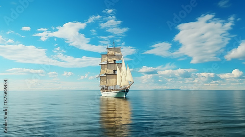 Calm background. Vintage view of a sailing ship grand view of an old sailing ship from the times of pirates and the middle ages on the high seas with calm and with a beautiful sky