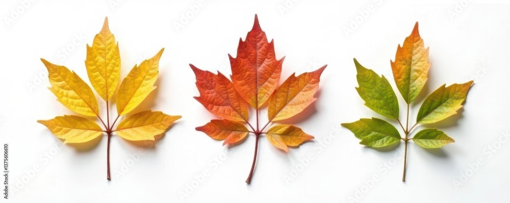 Fototapeta premium Three branches with different leaf colors and shapes on a white background, leaf, isolation, branch
