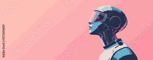 Futuristic human-like robot with visor on pink background, profile view, digital art vector.