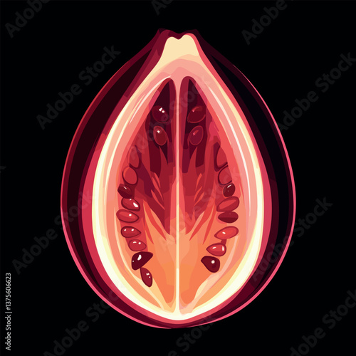 Halved pomegranate illustration on black background