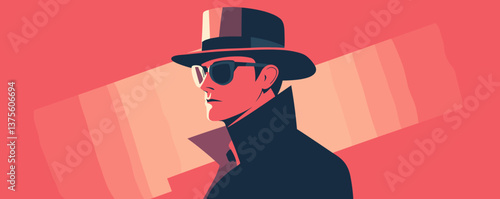 Mysterious man in hat and glasses on pink background with shadows - vector.