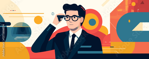 Businessman with glasses adjusting wearable gadget in modern abstract background - vector.