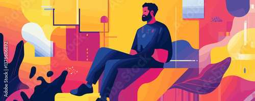 Colorful abstract art of a man sitting in a vibrant background - vector.