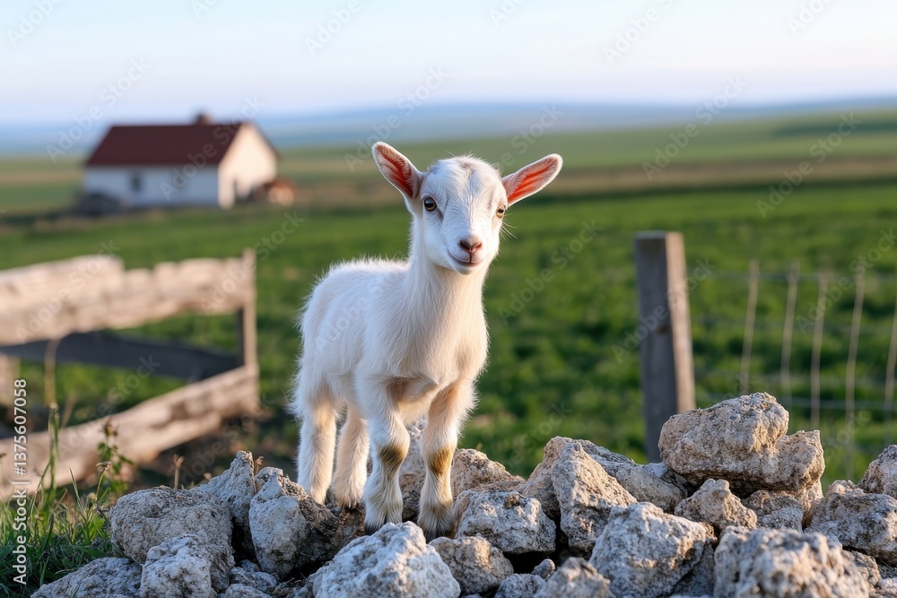 Obraz premium A charming young goat stands atop a pile of rocks in a picturesque meadow, exuding a sense of innocence and playfulness amidst a serene rural landscape.