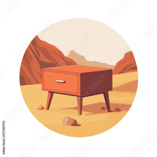 Vintage red nightstand in desert landscape with rocky background