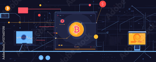 Blockchain technology and bitcoin network concept with monitors and charts - vector.