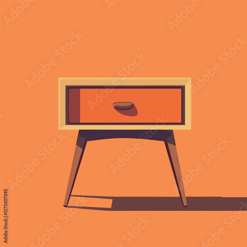 Retro mid-century modern orange nightstand against orange background