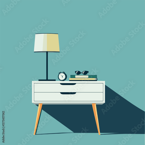 Minimalist retro nightstand with lamp, books, clock, and sunglasses in vintage style