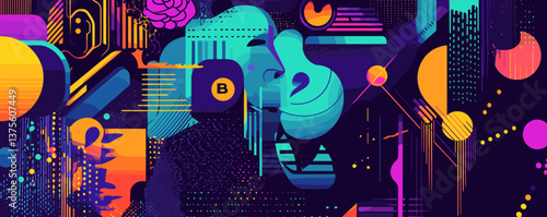 Abstract geometric mask art with futuristic elements in vibrant colors - vector.