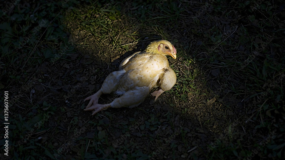 Chicken bathed in sunlight on grassy ground Chicken bathed in sunlight on grassy ground