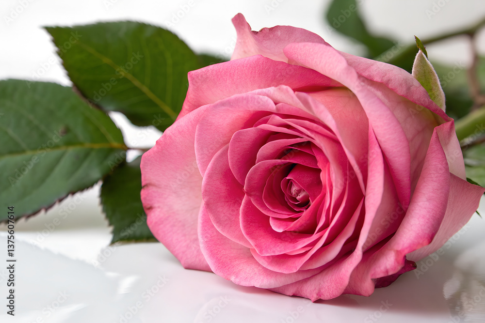 Fototapeta premium Single pink rose on white background showcasing its delicate petals and beauty