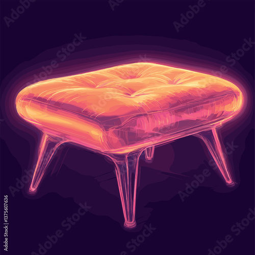 Neon-glowing ottoman with tufted cushion and elegant legs on dark background