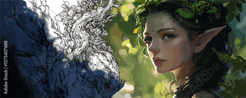 Enchanting forest nymph with elven ears and leafy crown in sunlit woods – vector.