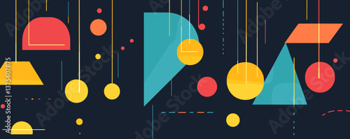 Colorful geometric abstract design with circles and triangles on dark background - vector.
