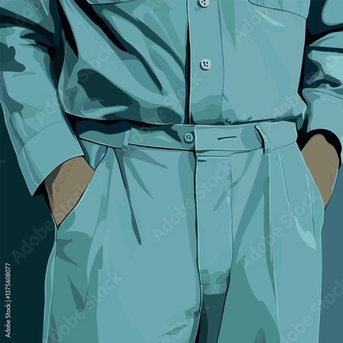 Male in blue shirt and pants with hands in pockets