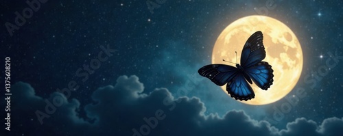 Flying black butterfly against a bright full moon background, lunar, insect