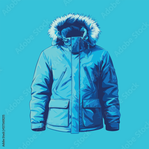 Blue winter parka with fur hood on bright background