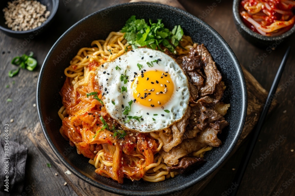 Kimchi Noodles with Fried Egg and Beef in Bowl Close-up Kimchi Noodles with Fried Egg and Beef in Bowl Close-up