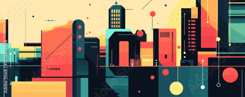 Abstract geometric futuristic cityscape with bold colors and shapes - vector.