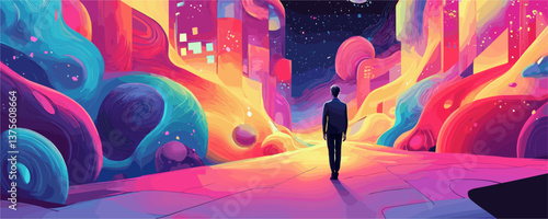 Surreal night cityscape with lone man walking among vivid, colorful buildings and stars - vector.
