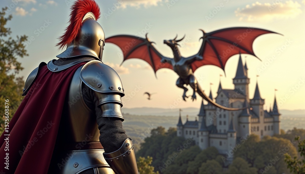 Valiant knight in armor watching a dragon soar over a castle at sunset Valiant knight in armor watching a dragon soar over a castle at sunset