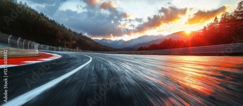 Mountain Racing Track at Sunset with Motion Blur and Dramatic Lighting