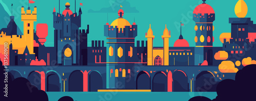 Colorful medieval fantasy castle with towers and bridge at night - vector.