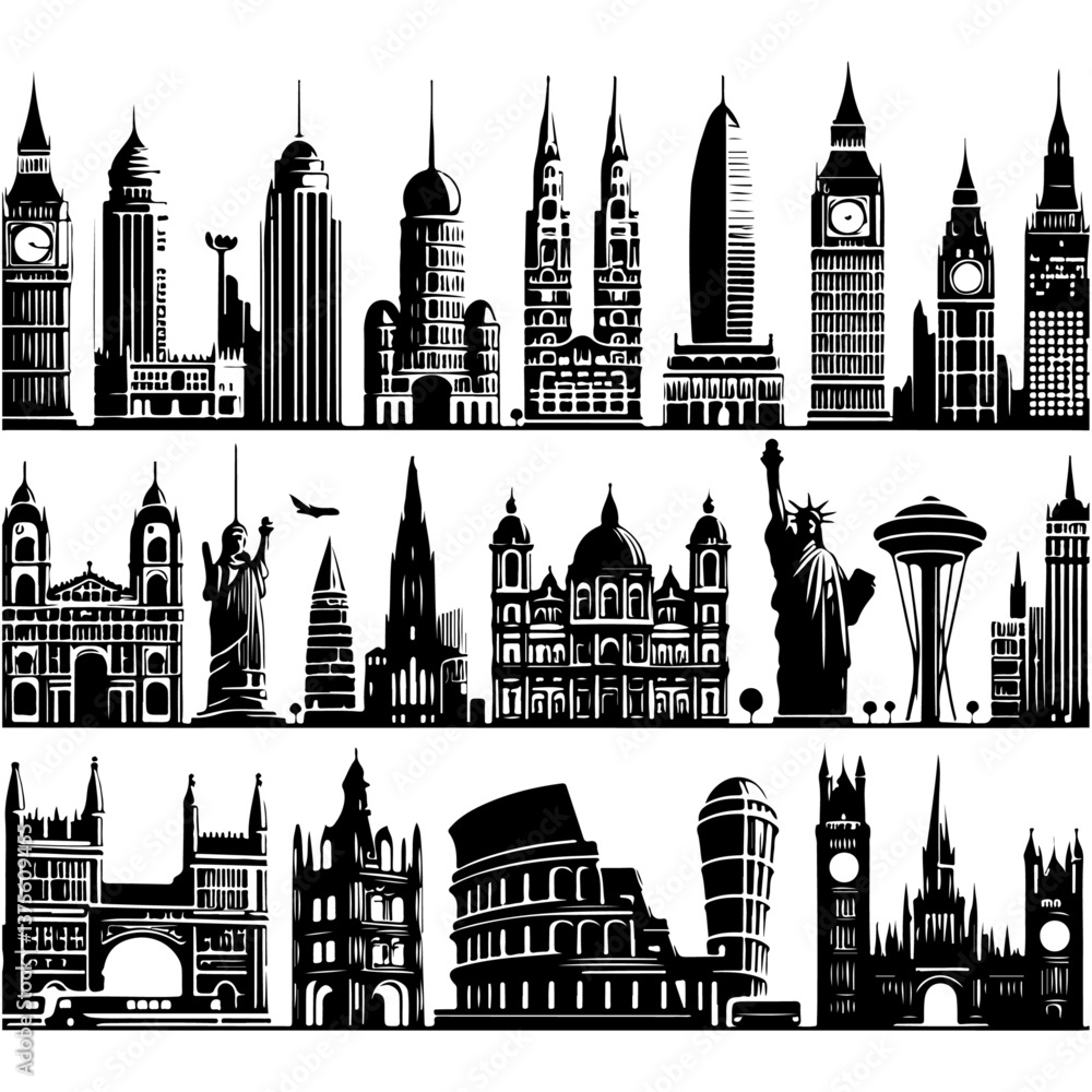 Fototapeta premium Silhouette of the Houses of Parliament and Big Ben in London with a city skyline, vector illustration, featuring landmarks, architecture, and urban design