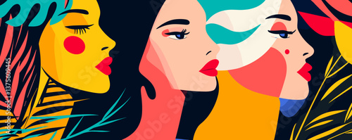 Colorful abstract female portraits with bold patterns and shapes - vector.