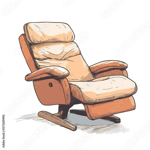 Cozy recliner armchair sketch with wooden legs and cushioned seat