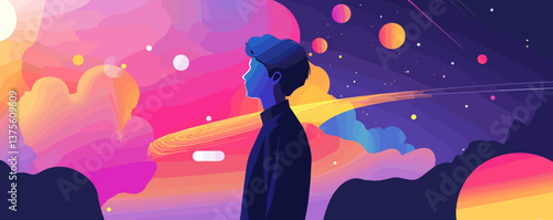 Colorful cosmic adventure: person gazing at vibrant sky full of planets and stars - vector.