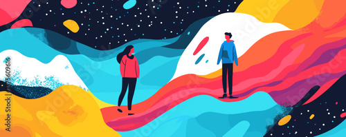 Abstract cosmic landscape with two people on vibrant waves at night - vector.