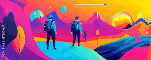 Vibrant landscape with hikers in colorful mountains at sunrise - vector.