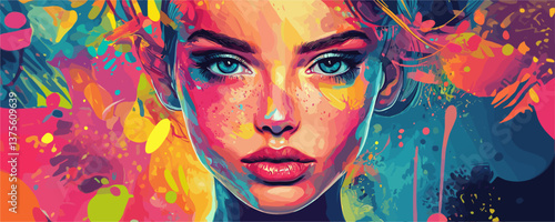 Vibrant abstract portrait of a woman with colorful brushstrokes and intense gaze - vector.