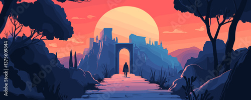 Sunset over ancient ruins with lone traveler and dramatic sky - vector.